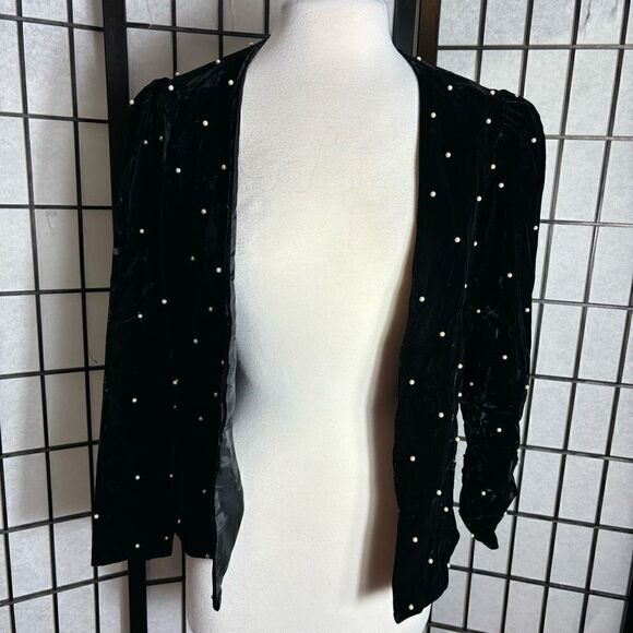 Jo Ed Sophisticates Black Velvet with Pearls Open Front Jacket - Picture 1 of 6